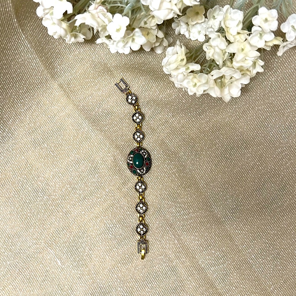 Vintage Green Sterling bracelet Antique copper Gold  green & red stone#150